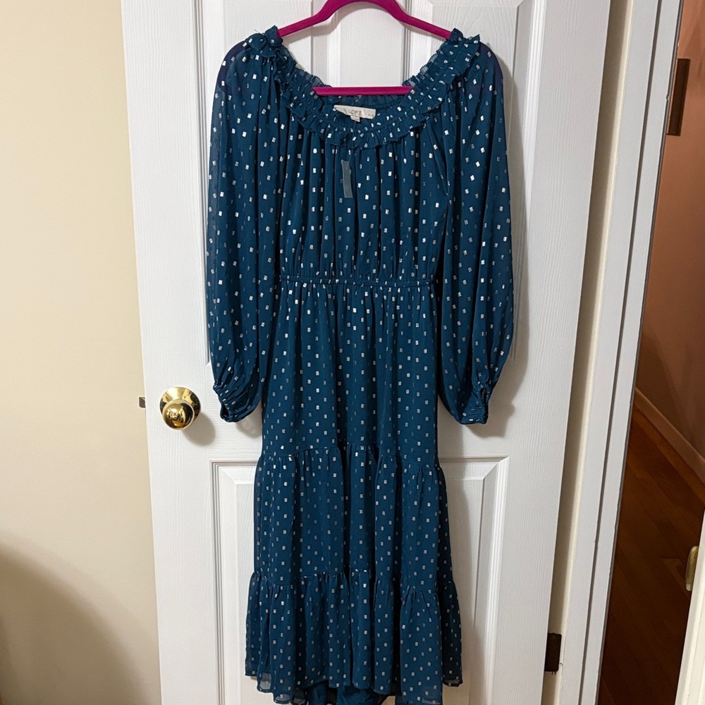 LOFT Teal Polka Dot Tiered Midi Dress